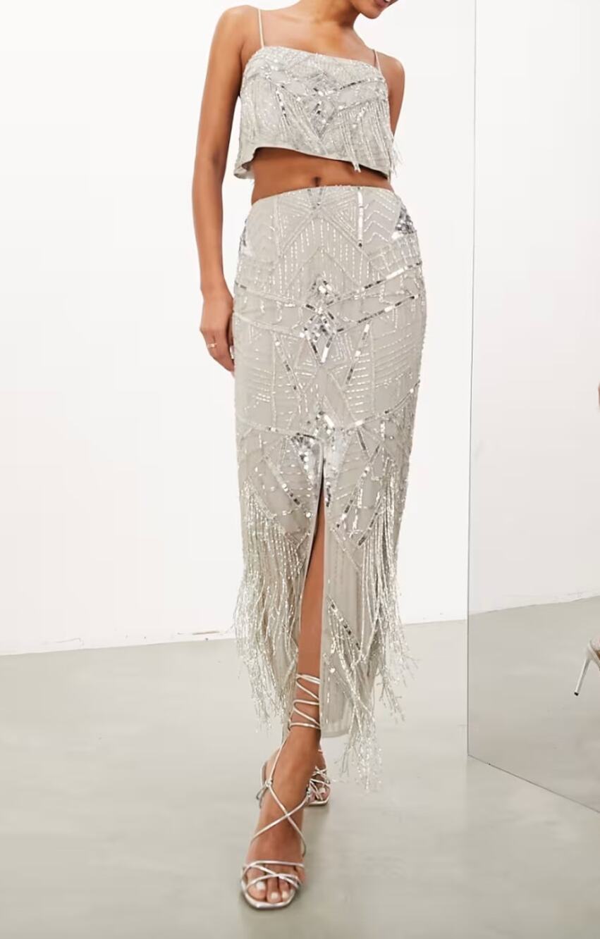 NWT ASOS Edition Beaded Fringe Midi Skirt Silver Deco US 4 New